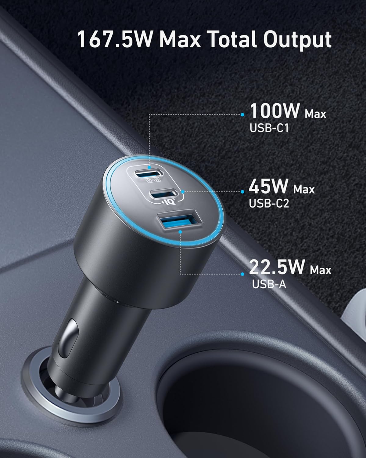 Anker Nano Car Charger 167.5W with Usb-C to Usb-C 3.3ft Cable
