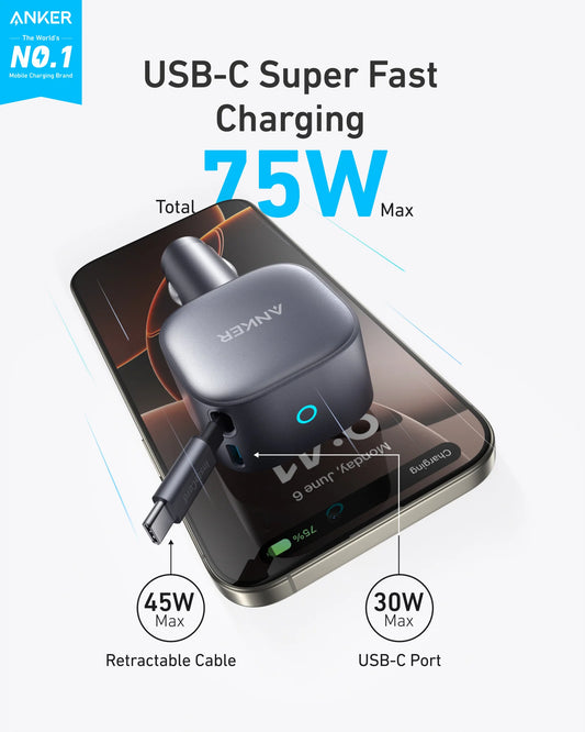 Anker Nano 75W USB-C Car Charger with Built-in Retractable USB-C Cable